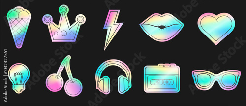 y2k retro hologram sticker pack. Holographic vintage emblem set.