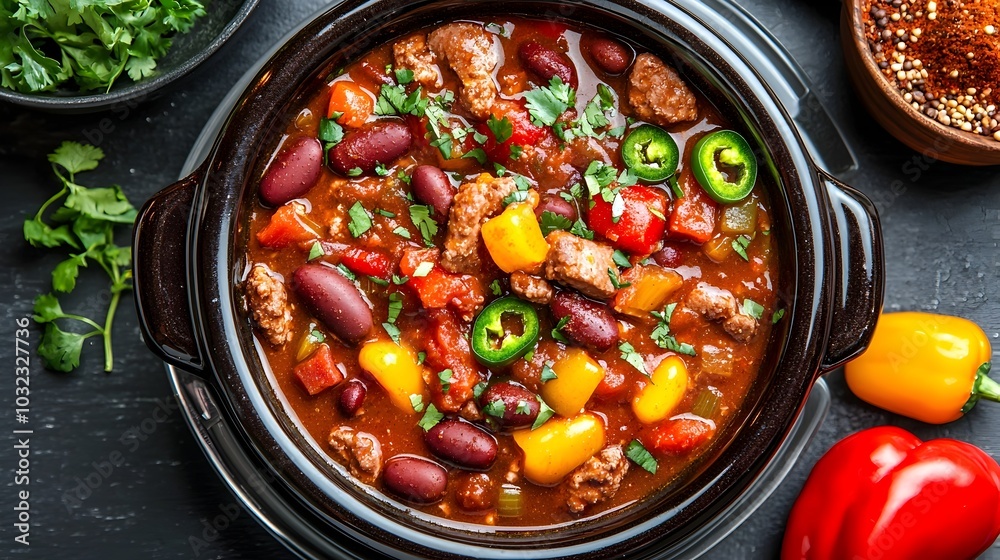 A slow cooker filled with a hearty and flavorful vegetable chili simmering with a blend of spices and tender beans creating a comforting and nourishing meal A slow cooker filled with a hearty and flavorful vegetable chili simmering with a blend of spices and tender beans creating a comforting and nourishing meal