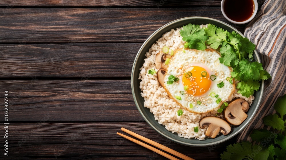 Delicious Bowl of Rice with Egg and Mushrooms Delicious Bowl of Rice with Egg and Mushrooms
