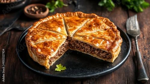 A delicious homemade meat pie, sliced open, revealing a savory filling, on a dark plate with a wooden background and a knife.