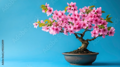 A pink flowering bonsai tree in a brown pot against a blue background.