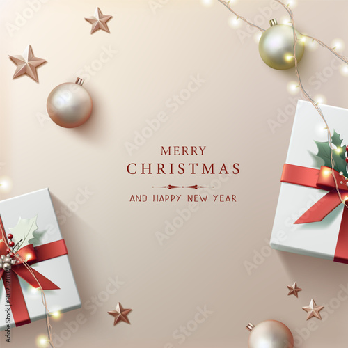 3d realistic vector illustration. Christmas festive banner. festive banner with gift boxes with ribbons and lights with decorative balls.