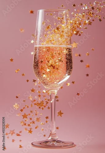 Sparkling champagne glass filled with festive golden stars against a soft pin...