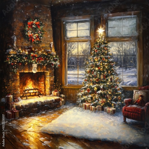 Cozy christmas living room with decorated tree fireplace gifts and festive ambiance for the holiday season