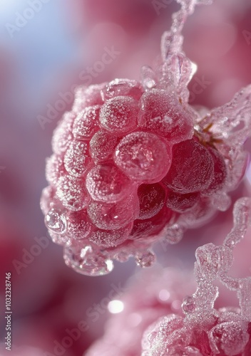 Frozen raspberries glistening with frost on a soft, blurred pastel background...