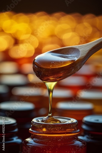 Golden honey dripping from a wooden spoon into a jar surrounded by soft glowi...