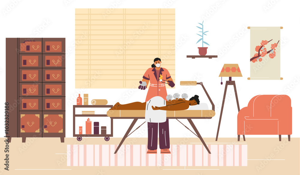 Φωτογραφία Illustration of a doctor treating a patient with vacuum therapy in an oriental medicine clinic
