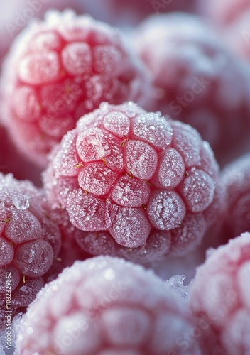 Frozen raspberries glistening with frost on a soft, blurred pastel background...