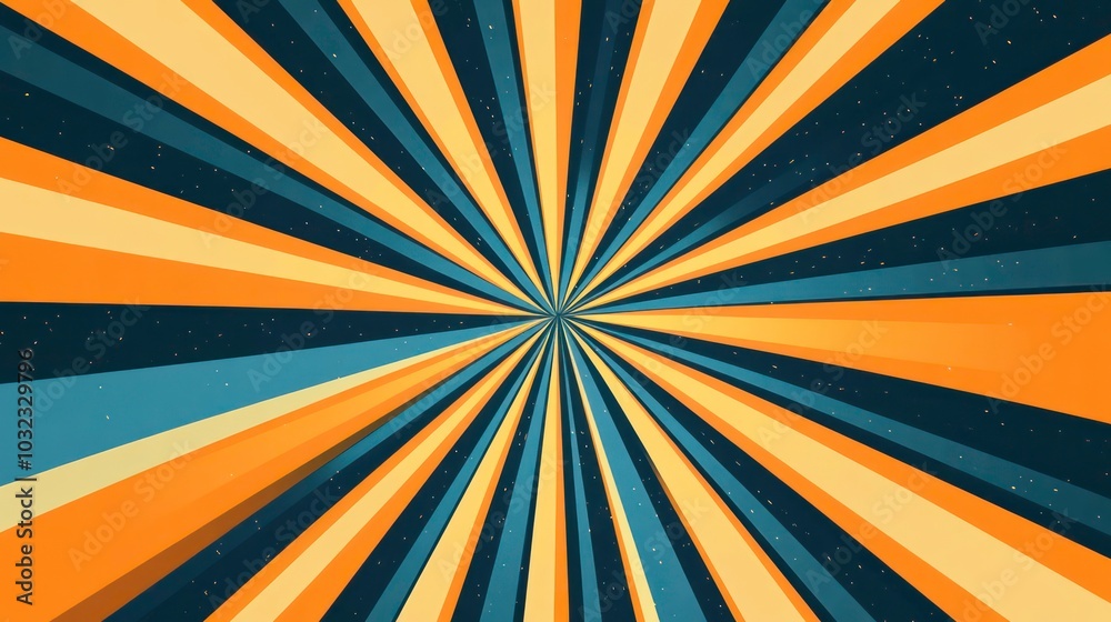 Abstract retro sunburst background with blue, orange, and yellow stripes on a dark blue background with white stars. Abstract retro sunburst background with blue, orange, and yellow stripes on a dark blue background with white stars.