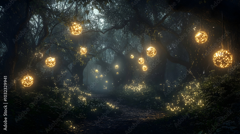 Enchanted Forest Path Illuminated By Glowing Spherical Lights Hanging From Trees In A Magical Night Scene. Generative AI Enchanted Forest Path Illuminated By Glowing Spherical Lights Hanging From Trees In A Magical Night Scene. Generative AI