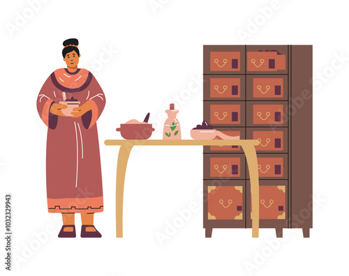 Asian doctor with medical supplies for oriental medicine making, vector medicinal herbs, handle mill, mixture in a jug