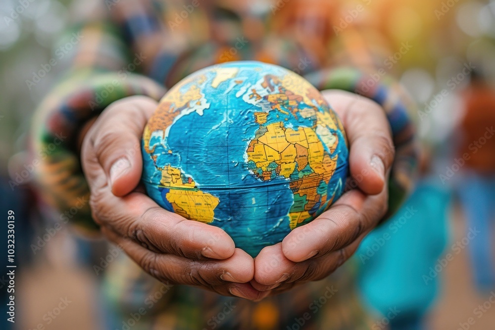 Hands holding a small world globe representing global responsibility and unity Hands holding a small world globe representing global responsibility and unity