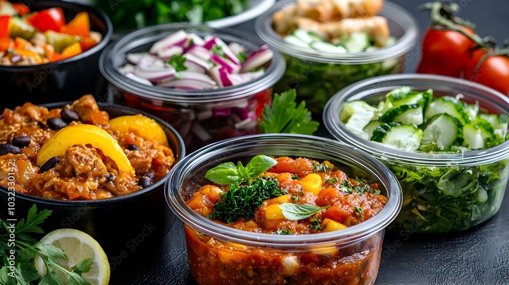 A top down view of a meal prep session with various containers filled with healthy homemade soups stews and salads showcasing a nutritious and organized approach to meal planning A top down view of a meal prep session with various containers filled with healthy homemade soups stews and salads showcasing a nutritious and organized approach to meal planning