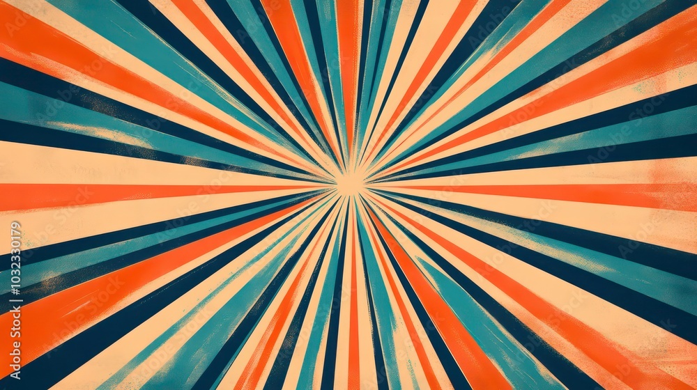 Fototapeta premium Abstract vintage sunburst background with blue, red, orange, and yellow stripes.