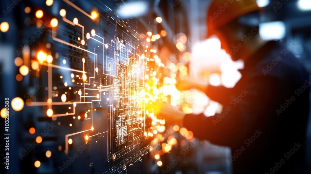 Obraz premium Innovative technology integration a skilled worker enhancing digital interfaces and connectivity in modern industry settings