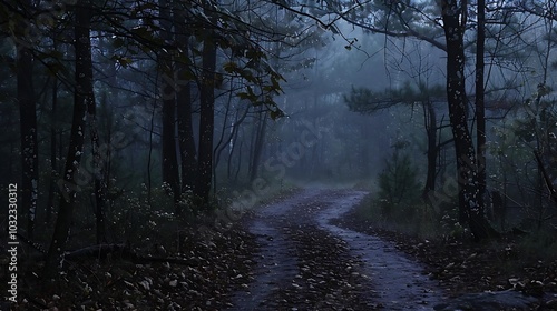 Misty Forest Path on a Rainy Morning