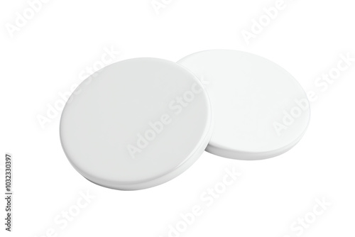 Two blank white coasters on a white background. transparent background