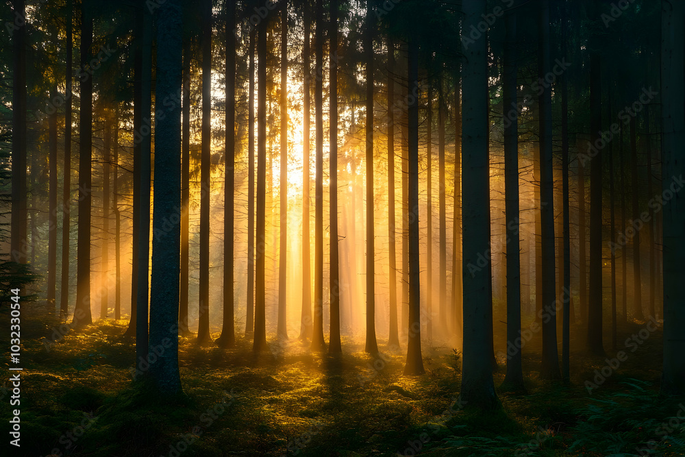 Sunlight Breaking Through Dense Forest Trees, Illuminating the Misty Atmosphere with Serene and Peaceful Vibes. Generative AI Sunlight Breaking Through Dense Forest Trees, Illuminating the Misty Atmosphere with Serene and Peaceful Vibes. Generative AI