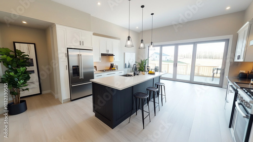 A photo of the kitchen in an open-concept home with white cabinets