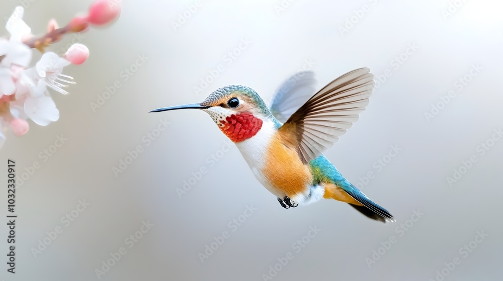 Naklejka premium Vibrant Tropical Hummingbird Captured in Mid flight with Delicate Watercolor Brushstrokes and Isolated on a White Background for Summer themed