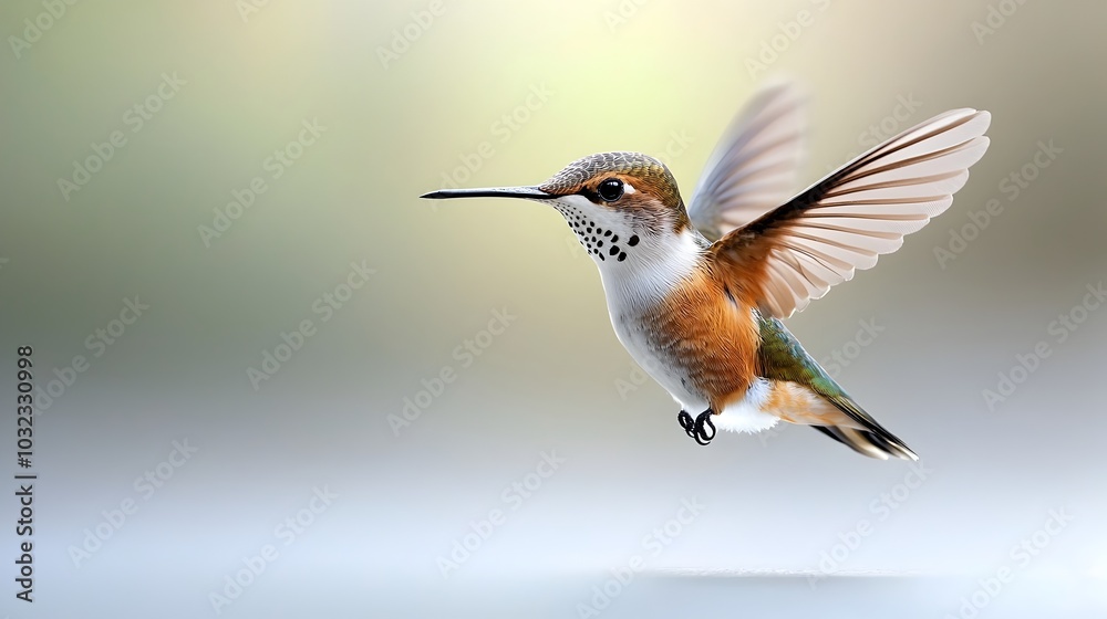 Fototapeta premium Elegant watercolor hummingbird featuring vivid colors and delicate hand drawn details hovering gracefully against a clean white background for versatile tropical and floral designs