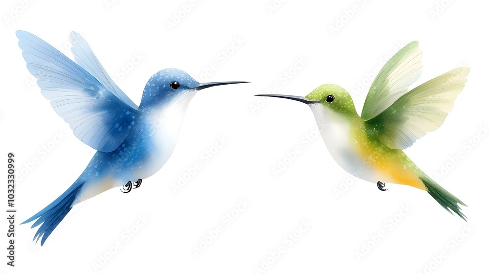 Fototapeta premium Elegant watercolor hummingbird featuring vivid colors and delicate hand drawn details hovering gracefully on a clean white background for tropical designs and floral