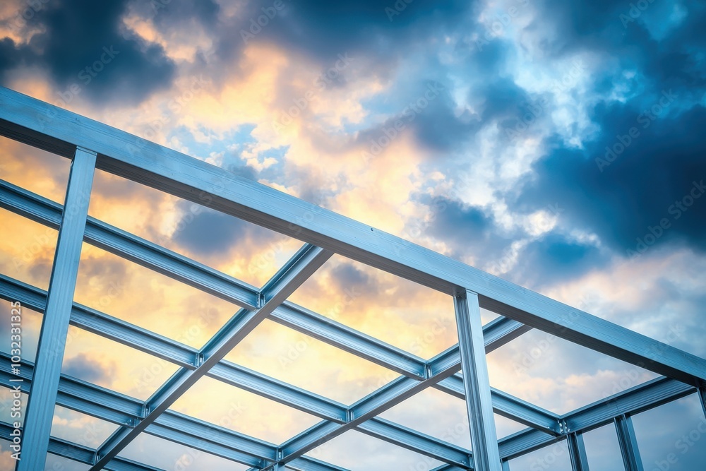 A close-up view of a steel frame structure against a dramatic sky at sunset, showcasing architectural design and construction elements. A close-up view of a steel frame structure against a dramatic sky at sunset, showcasing architectural design and construction elements.