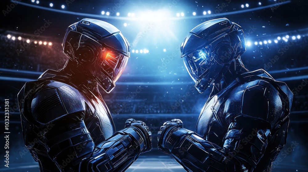 Fototapeta premium Epic showdown between futuristic robots in a high-tech arena setting showcasing advanced technology and intense competition