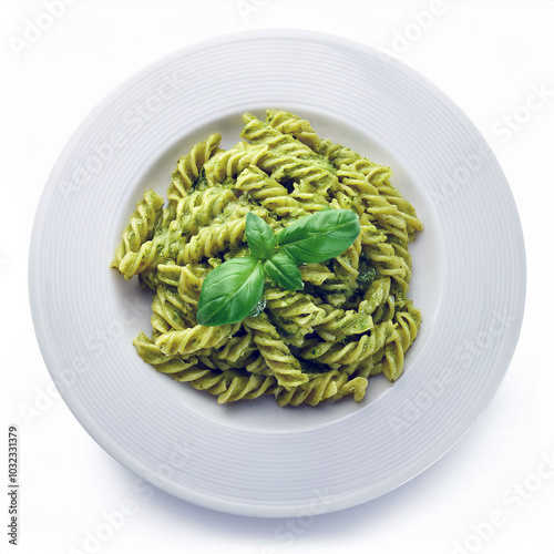 Aromatic Pesto Pasta, vibrant green swirls atop a pristine plate. Basil garnish adds freshness. photo