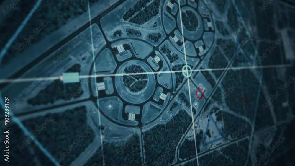 Futuristic Satellite Network Tracking Target To Military Base. Satellite Radar Interface For Target Tracking Discovered Enemy Position. Satellite Target Tracking Innovation. Animation. Detection