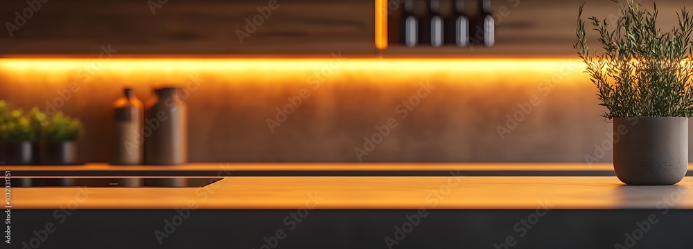 76. A stylish kitchen counter with a sleek finish, ready for showcasing a product 76. A stylish kitchen counter with a sleek finish, ready for showcasing a product