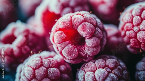 Freshly frozen raspberries piled together, showcasing their vibrant red color...