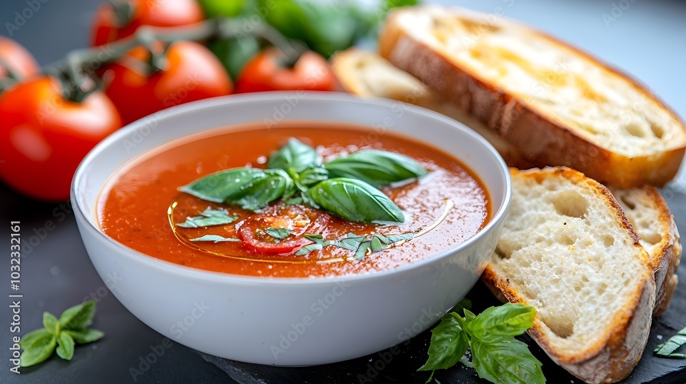 Delectable Tomato Basil Soup Served Piping Hot with a Side of Crisp Fragrant Garlic Bread for a Soothing and Satisfying Meal