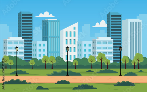 City park with downtown skyscrapers. Park landscape scene. Vector stock