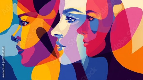 Abstract portrait of three women in profile with colorful geometric shapes. photo