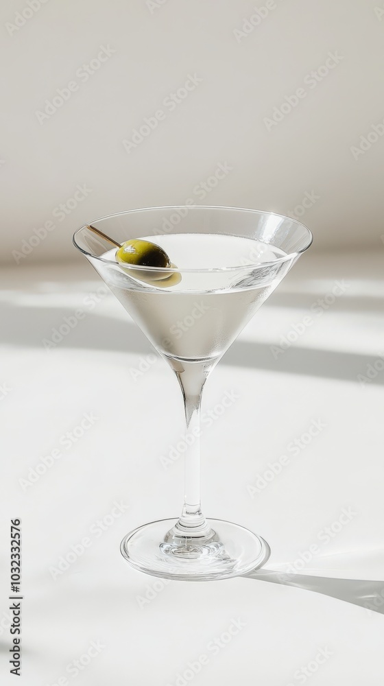 Classic Martini with Olive Skewer, Minimalist Cocktail Glass, Elegant and Refined Drink, Perfect for an Evening Out Classic Martini with Olive Skewer, Minimalist Cocktail Glass, Elegant and Refined Drink, Perfect for an Evening Out