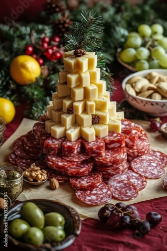 Decorative cheese and salami platter arranged in a pyramid shape with fruits ...