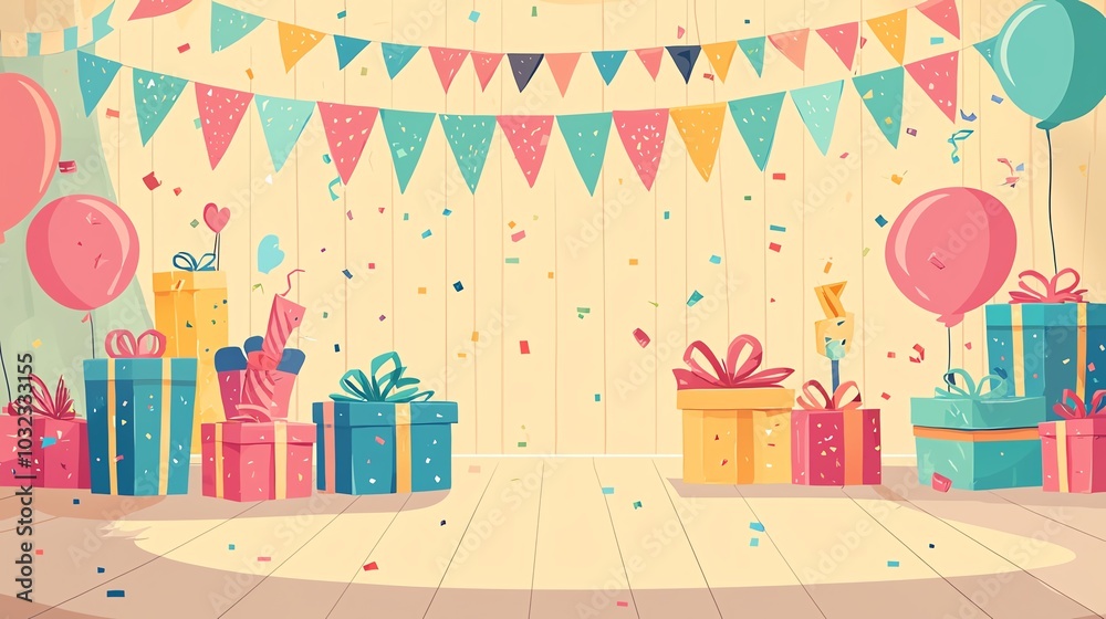 Fototapeta Colorful party scene with balloons, presents, and festive decorations for celebrations.