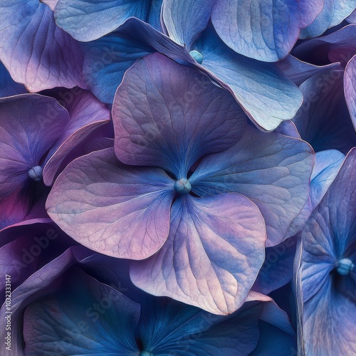 Beautiful close up of vibrant purple and blue hydrangea flowers in full bloom...