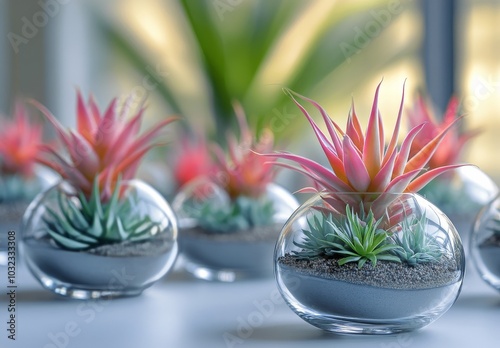 Beautifully arranged glass terrariums showcasing vibrant succulents in a brig...