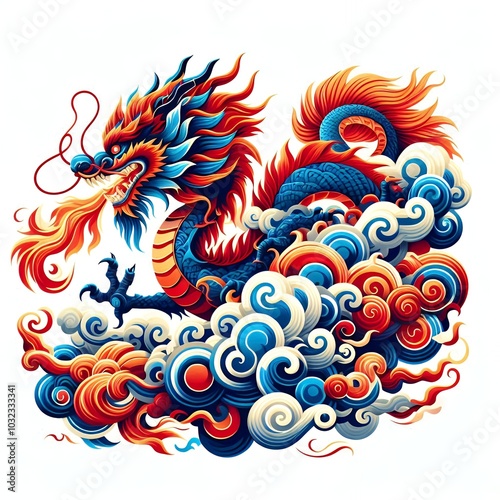 A vibrant and dynamic illustration of a Chinese dragon flying through swirling clouds and flames, all set against a pure white background