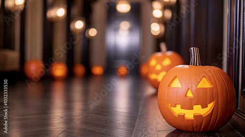 Haunted Mansion Elegance - Gold Pumpkins Adorn Velvet-Lined Hallways with Gothic Charm and Spooky Atmosphere photo