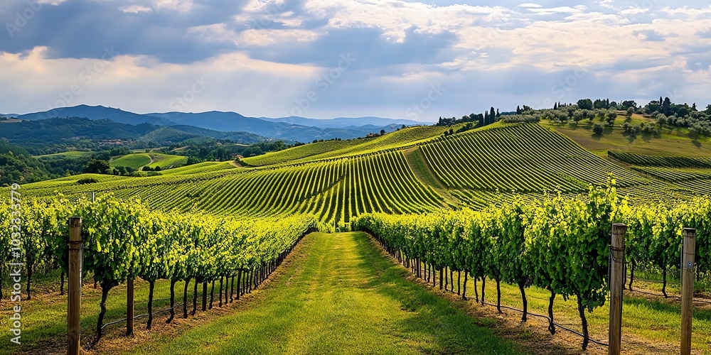 Fototapeta premium Lush green vineyard with rows of grapevines stretching towards the horizon under a cloudy sky.