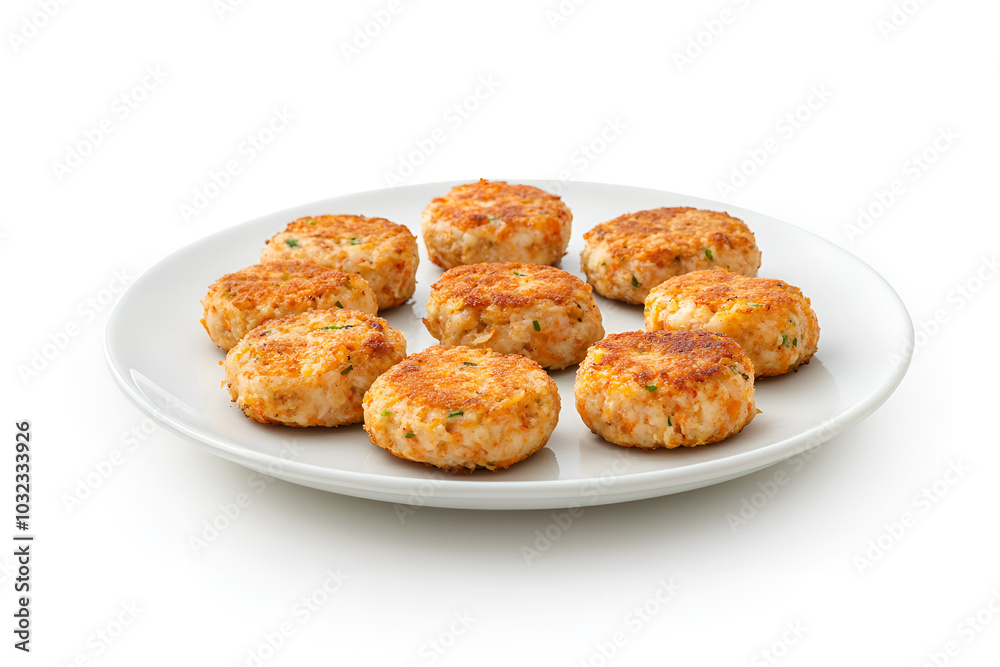Crab cake cooked scene on a plate on white background Crab cake cooked scene on a plate on white background
