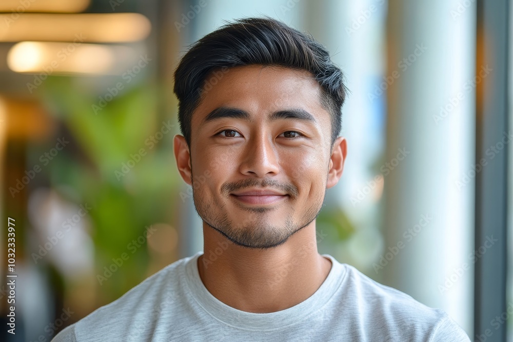 Portrait of handsome Asian man smiling and looking camera with confidence, Generative AI Portrait of handsome Asian man smiling and looking camera with confidence, Generative AI