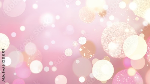 Soft pastel bokeh lights in pink, gold, and peach hues on a gradient background. Abstract dreamy design with gentle glowing orbs. Celebration and romance concept