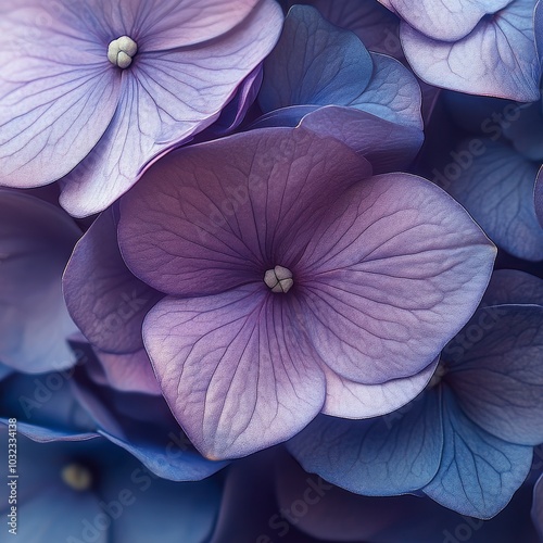 Beautiful close up of vibrant purple and blue hydrangea flowers in full bloom...