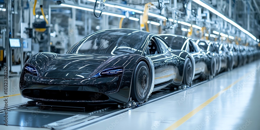 A black car on a production line in an automotive factory. A black car on a production line in an automotive factory.