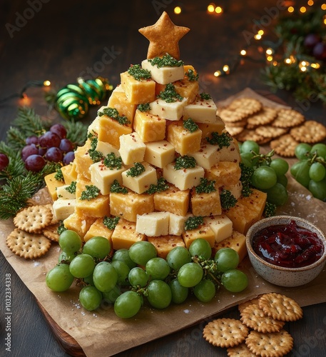Festive cheese and fruit platter shaped like a Christmas tree with crackers a...