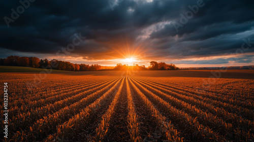 Golden sunset over a tranquil agricultural landscape photo